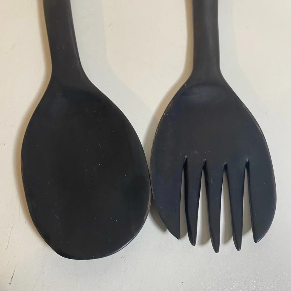 Carved Wooden Salad Fork & Spoon With Lions on The Handles